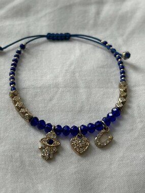New Dark Blue and Bronze Beaded Hamsa Heart Horseshoe Adjustable Bracelet